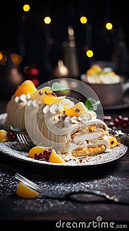 A traditional Christmas cake with orange colored fruits and white cream Cartoon Illustration