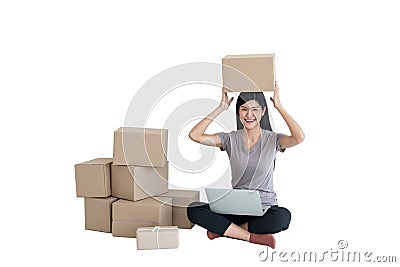 Portrait images of Asian pretty woman and A lot of parcels On white isolated background Stock Photo