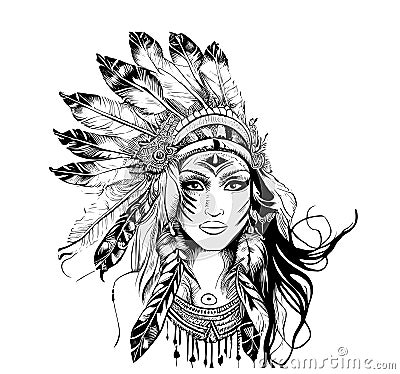Portrait of an indian chief girl with feathers sketch, hand drawn in doodle style Vector Illustration