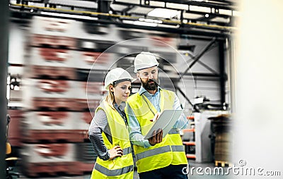 A portrait of an industrial man and woman engineer with tablet in a factory, working. Stock Photo