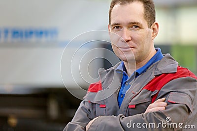 Portrait industrial man worker in manufacture workshop Stock Photo