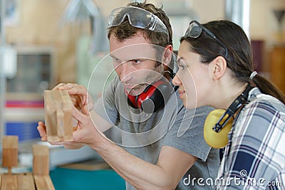 portrait industrial technicians in wood factory Stock Photo