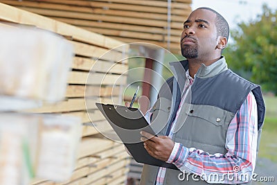 portrait industrial worker with clipboard Stock Photo