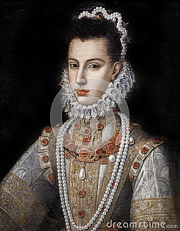 Portrait of Infanta Catherine Michelle of Spain, Duchess of Savoy, wife of Charles Emmanuel I, paintied by Jan Kraeck 1585 Editorial Stock Photo