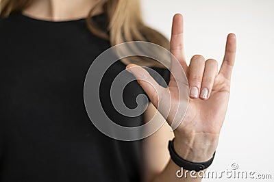 portrait interpreter teaching sign language. High quality photo Stock Photo