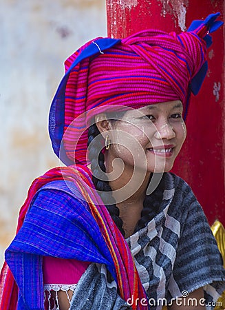 Portrait of Intha tribe woman in Myanmar Editorial Stock Photo