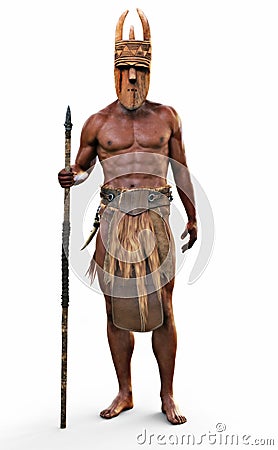 Portrait of an intimidating bare footed strong African tribal hunter with spear and wooden mask on an isolated white background Stock Photo