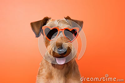 Portrait Irish Terrier Dog With Heart Shaped Sunglasses Orange Background Stock Photo