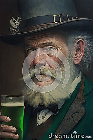 Portrait of an Irishman in hat with glass of green beer in hand. St. Patrick& x27;s Day Celebration. Generative AI Cartoon Illustration