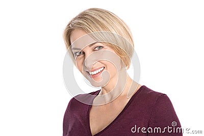 Portrait: isolated face of a smiling attractive older blond woman. Stock Photo