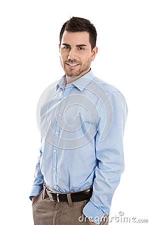 Portrait: Isolated handsome smiling business man over white. Stock Photo