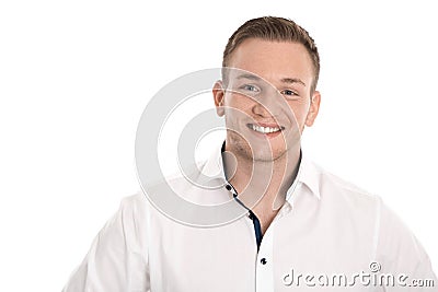Portrait: isolated young blond nordic man over white. Stock Photo