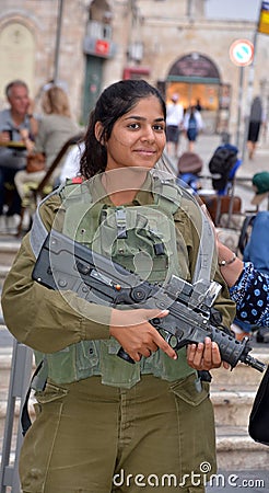 Portrait of Israel Defense Forces woman downtowm Jerusalem, Editorial Stock Photo