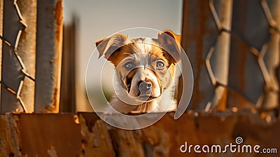 Portrait of a Jack Russell Terrier looking out of an iron fence. Homeless animals. Our little brothers. Stock Photo