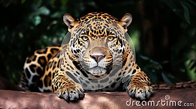 Portrait of a jaguar lying on a riverbank in the Amazon jungle Stock Photo