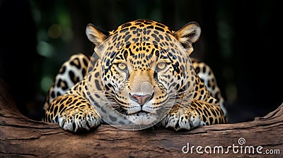 Portrait of a jaguar lying on a tree in the Amazon jungle Stock Photo