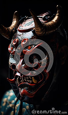 Portrait of Japanese style warrior in the fearsome mask. Beautiful illustration picture. Generative AI Cartoon Illustration