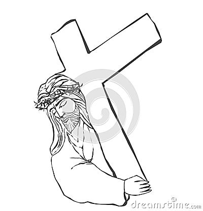 Portrait of Jesus carrying cross - isolated illustration Vector Illustration