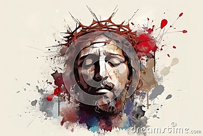 Portrait Jesus Christ crown of thorns banner original abstract art with space for copy text, easter and good friday. Generative AI Stock Photo