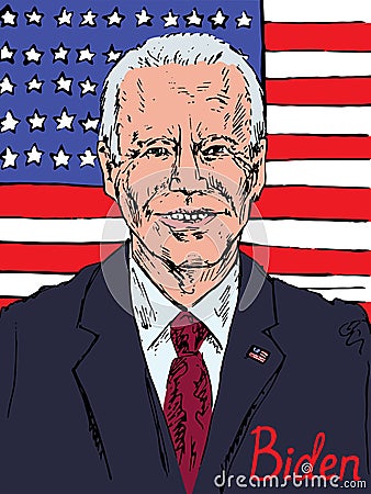 Portrait of Joseph Robinette Biden Jr, the President of America, hand drawn vector, american flag Editorial Stock Photo