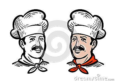 Portrait of joyful chef or baker, logo. Label or icon for design menu restaurant or cafe. Vector illustration Vector Illustration