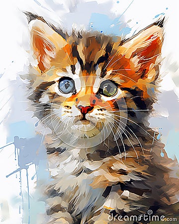 A Portrait of a Kitten with Blue Eyes and Bright Long Brush Stro Stock Photo