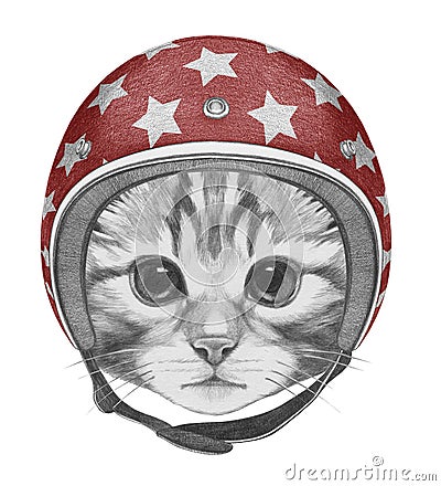 Portrait of Kitty with Helmet. Cartoon Illustration