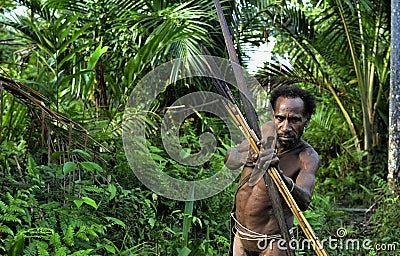 The Portrait Korowai hunter with arrow and bow. Editorial Stock Photo