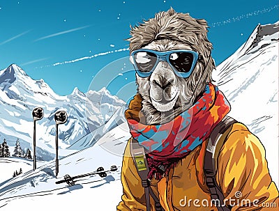 portrait of a lama with glasses in a jacket with a backpack on a background of snow-capped mountains Stock Photo