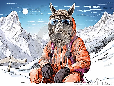 portrait of a lama in a jacket and glasses, wearing mittens with mountain sticks Stock Photo