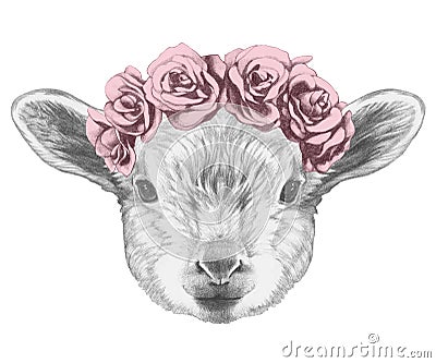 Portrait of Lamb with floral head wreath. Cartoon Illustration