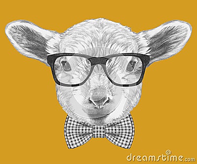 Portrait of Lamb with glasses and bow tie. Cartoon Illustration