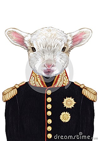 Portrait of Lamb in military uniform. Cartoon Illustration