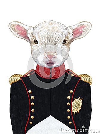 Portrait of Lamb n military uniform. Cartoon Illustration