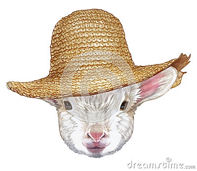 Portrait of Lamb with straw hat. Cartoon Illustration