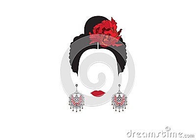 Portrait of latin woman or traditional representation of modern Spanish, Spanish veiled by the name of Mantilla, flamenco dancer, Vector Illustration