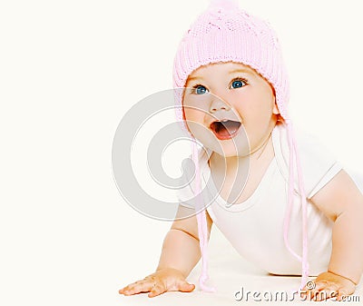 Portrait laughing sweet baby in hat Stock Photo
