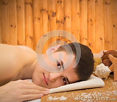 Portrait of laying young smiling relaxing boy Stock Photo