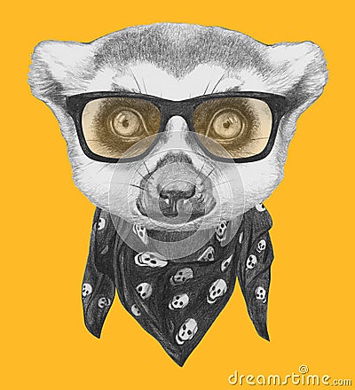 Portrait of Lemur with glasses and scarf. Cartoon Illustration