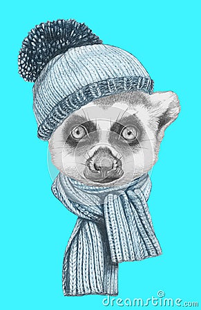 Portrait of Lemur with hat and scarf. Cartoon Illustration