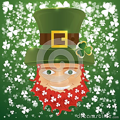 Portrait of Leprechaun. Irish man with clover leaves and hat. St Cartoon Illustration