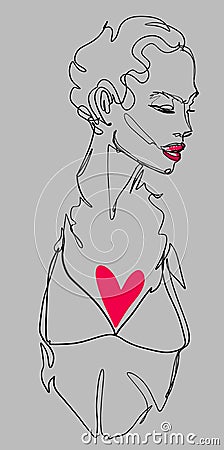 portrait of a linear illustration beautiful woman with a pink heart with pink lips on a gray background Cartoon Illustration
