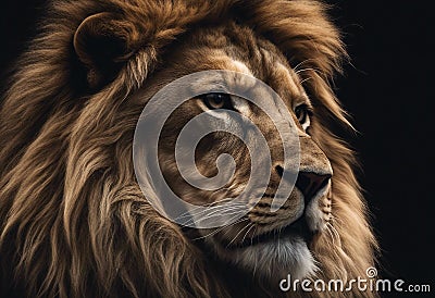 Portrait lion on the black. Detail face lion. Hight quality portrait lion black background Stock Photo