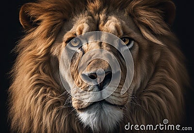 Portrait lion on the black. Detail face lion. Hight quality portrait lion black background Stock Photo