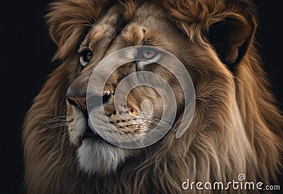 Portrait lion on the black. Detail face lion. Hight quality portrait lion black background Stock Photo