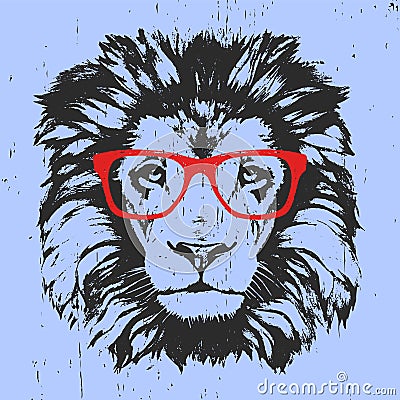 Portrait of Lion with glasses. Vector Illustration