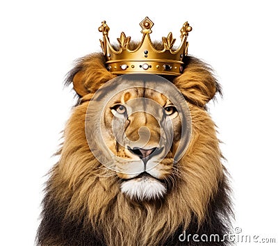 portrait of lion with king crown on head Stock Photo