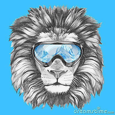 Portrait of Lion with ski goggles. Cartoon Illustration