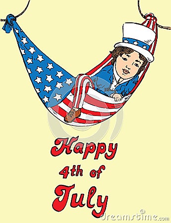 Portrait of little boy in Uncle Sam costume resting in hammock of the American flag, Happy 4th of July, card design Cartoon Illustration