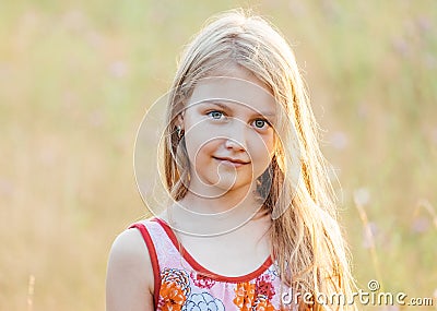 Portrait of little cheerful girl in a meadow Stock Photo